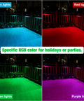 12 Pack Dope Solar Deck Lights Outdoor Waterproof Color Changing RGB Wall Fence Lights For Deck Railing Stair Steps And Backyard With Warm White And 8 Color Modes in cyan, red, green, and purple on deck
