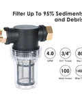 Inline Garden Hose Water Filter For Well Water With 100 Mesh Screen Sediment Filter Attachment showing filtering capacity details.
