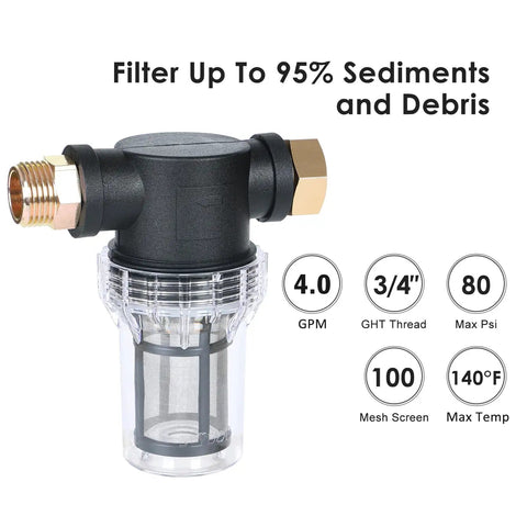 Inline Garden Hose Water Filter For Well Water With 100 Mesh Screen Sediment Filter Attachment showing filtering capacity details.