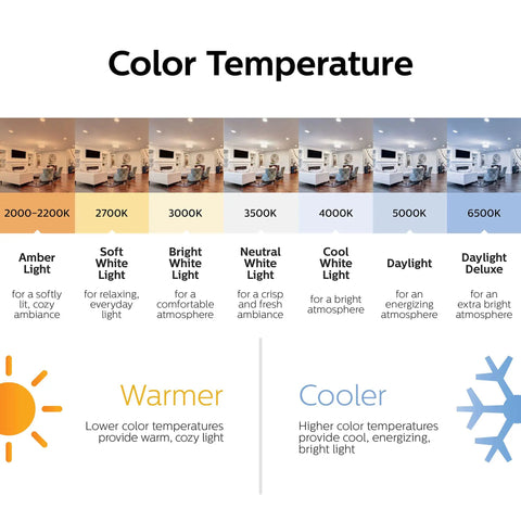 Color temperature chart showing 2000K to 6500K including Vintage G25 Amber Edison Filament LED Bulbs 60W Equivalent 2000K Warm Glow