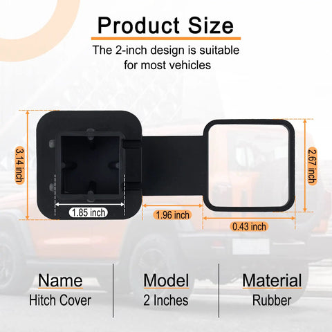 2 Inch Hitch Cover With Flag Design, Universal Receiver Tube Plug dimensions shown, easy install car exterior accessory for SUVs and trucks.
