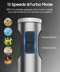 Heavy Duty Corded Stick Blender With 1000W Pure Copper Motor And 11 Speed Adjustable Settings close-up of power and turbo buttons.