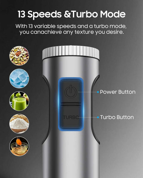 Heavy Duty Corded Stick Blender With 1000W Pure Copper Motor And 11 Speed Adjustable Settings close-up of power and turbo buttons.