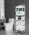 Keep Your Produce Fresh As A Daisy With This Five Tier Floor Standing Fruit And Vegetable Storage Basket Featuring Ventilated Plastic Bins To Tackle Kitchen Clutter And Save Serious Space, standing in a bathroom with towels and toiletries.