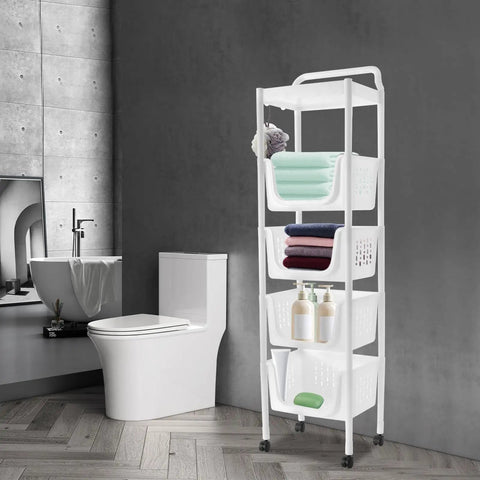 Keep Your Produce Fresh As A Daisy With This Five Tier Floor Standing Fruit And Vegetable Storage Basket Featuring Ventilated Plastic Bins To Tackle Kitchen Clutter And Save Serious Space, standing in a bathroom with towels and toiletries.