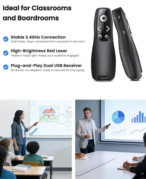 Wireless Presentation Clicker With Volume Control And Slide Advancer, dual-view, stable 2.4GHz, USB receiver, in-use settings.