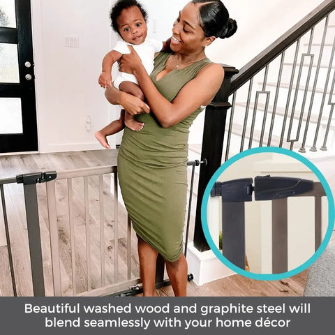 Mother holding child next to Extra Wide Auto Close Baby Gate With Hold Open For Busy Homes Kid Friendly Safety Gate For Families Pressure