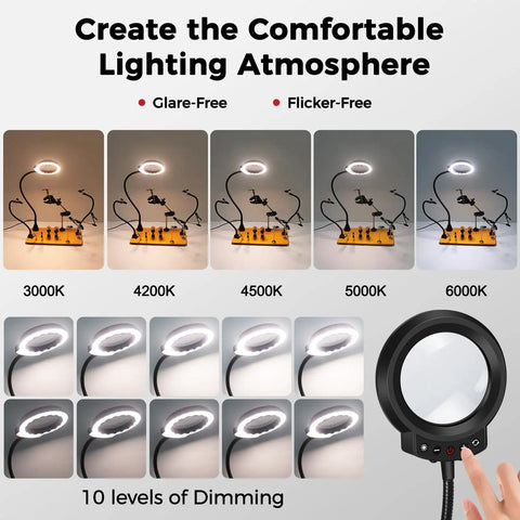 All-In-One Helping Hands Soldering Station with 5X Magnifying Lamp showcasing lighting modes and dimming features.