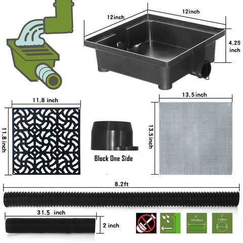 Gutter Downspout Extensions With 12x12 Catch Basin, Low Profile Design, Flexible Pipe Extends From 2.5ft To 8.2ft, No Dig French Drain Alternative