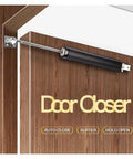Gas Spring Automatic Door Closer With 90 Degree Stop installed on wood door frame, clear text, highlight on buffer and hold open.
