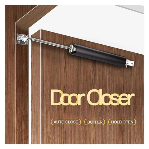 Gas Spring Automatic Door Closer For Home And Biz Use, 90 Degree Stop, Quiet Soft Closing, silver door closer on wood door