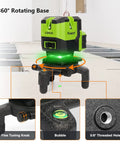 Pro Grade Multi Line Laser Level With Four Vertical Lines And A 360 Degree Horizontal Floor Line Self Leveling Green Cross Line Rotating Base Includes Two Li Ion Batteries For Precise Tile Stone Carpet And Floor Installations on rotating base showing 360° projection, fine tuning knob, and bubble level.