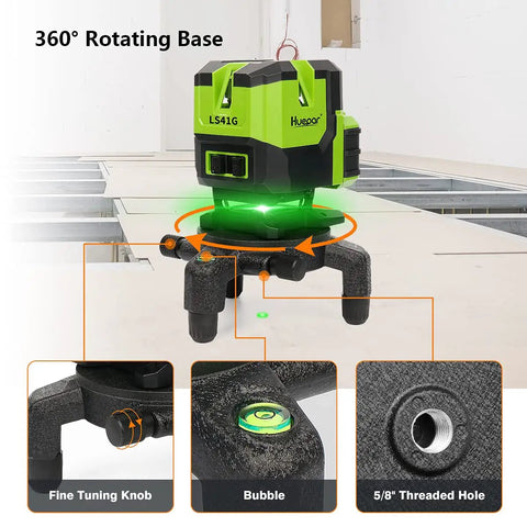 Pro Grade Multi Line Laser Level With Four Vertical Lines And A 360 Degree Horizontal Floor Line Self Leveling Green Cross Line Rotating Base Includes Two Li Ion Batteries For Precise Tile Stone Carpet And Floor Installations on rotating base showing 360° projection, fine tuning knob, and bubble level.