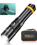Beast Mode 3000 Lumen Underwater Dive Light With 6 Degree Narrow Beam for night dives, shown with diver and carrying case
