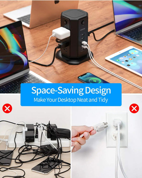 10-Foot Power Strip Tower With Eight Outlets And Five USB Ports, Dope Surge Protector With Individual Switches in use