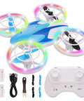 Kids Mini Drone For Newbies With Headless Mode And Altitude Hold Colorful LED Neon Lights Full Propeller Guards 2 Batteries And Remote Control Safe Durable Quadcopter Gift For Boys And Girls Blue showcasing colorful LED lights, full propeller guards, and included accessories.