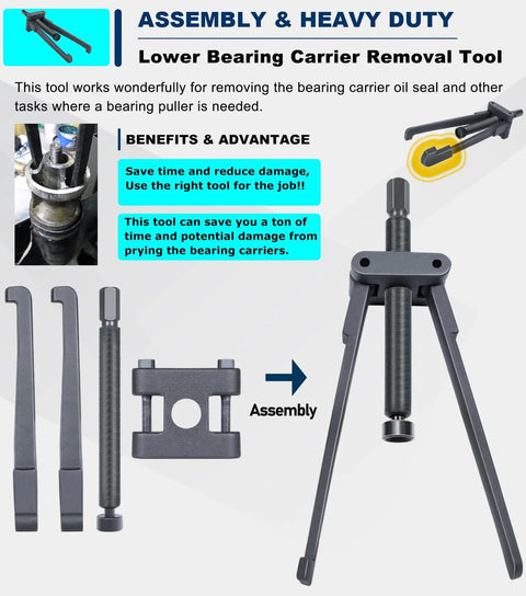 Front view of lower bearing carrier puller tool with adjustable arms for gearcases, gray metal