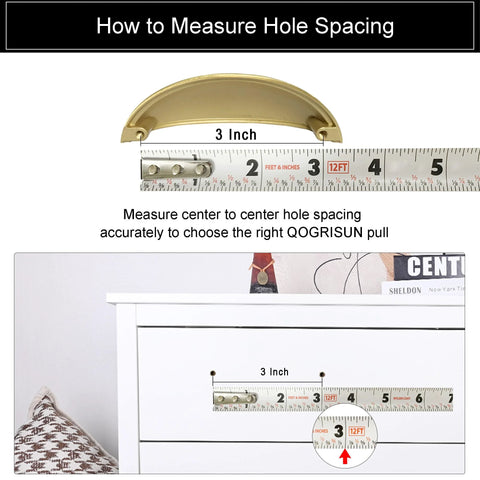 2-Pack Solid Brass Cup Cabinet Pulls in Brushed Brass Finish, Half Moon Style, 3-Inch Hole Center measurement guide