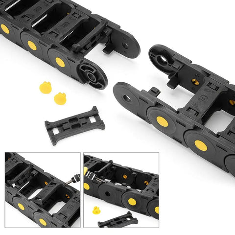 R55 25mm By 57mm Open Type Plastic Cable Drag Chain Carrier For Wires 1 Meter Length CNC Black shown in disassembled state
