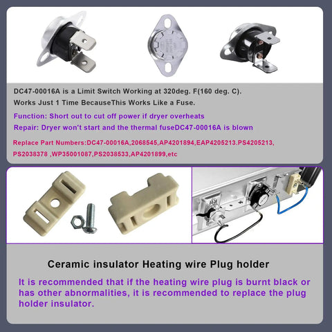 Dryer Repair Kit With Heating Element DC47-00019A, Thermal Fuse DC96-00887A, DC47-00016A, And Thermostat DC47-00018A For Samsung Dryers components and insulators.