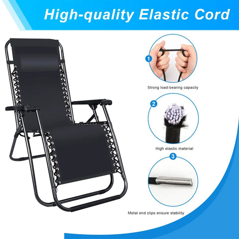 Heavy Duty Replacement Cords For Zero Gravity Chairs Tough As Nails Elastic Repair Laces For Recliners And Beach Loungers Premium Nylon Bungee Fix String Set Black with strong elastic cord details.