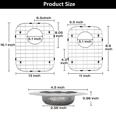 Dimensions of 2Pack Stainless Steel Sink Grids For Double Kitchen Sink Bottom Protection With No Slip Rubber Feet, featuring 13x16 and 11x8.6 inch sizes.
