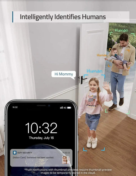 Two Camera Indoor Security Kit With 2K Pan And Tilt Plug In Wi Fi Camera With Human And Pet AI Real Time Motion Tracking Voice Assistant Compatible Ultra Clear Video Easy Setup Homebase 3 Ready detecting humans at a doorway with smartphone notification visible