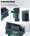 Stepper motor driver controller front view, gray housing with green terminal blocks and LCD display