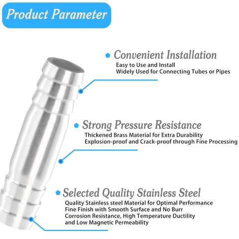 Stainless steel 3/8-inch barb hose fitting splicer/round union with clamps, for water, fuel or air