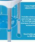 360 Degree Swivel Bath Stool With Cushioned Seat And Storage Tray Adjustable Rotating Shower Chair for Seniors and Adults showing height adjustments, blue tray, and 300 lb weight capacity.