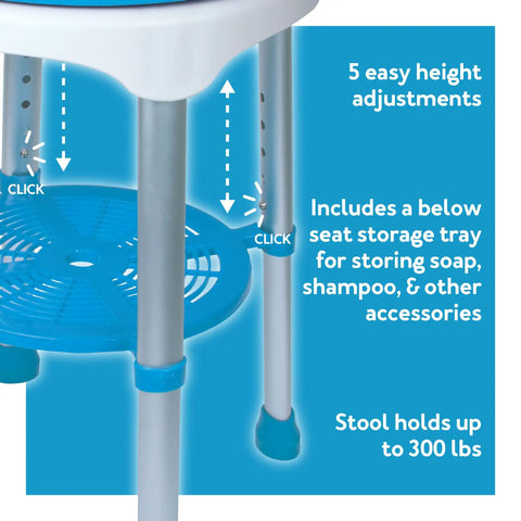 360 Degree Swivel Bath Stool With Cushioned Seat And Storage Tray Adjustable Rotating Shower Chair for Seniors and Adults showing height adjustments, blue tray, and 300 lb weight capacity.