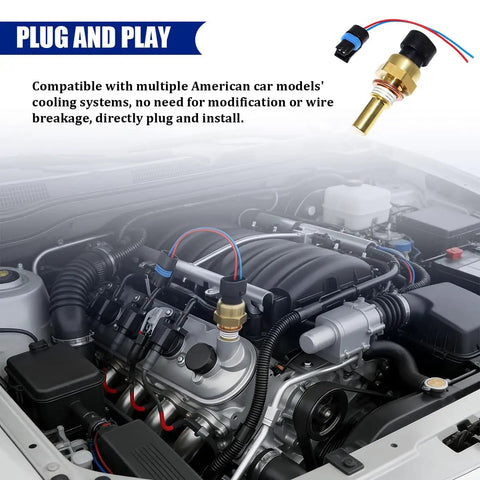 Premium Car Engine Coolant Temperature Sensor With Plug And Play Pigtail Cable Direct Swap Water Temp Probe in engine bay installation.