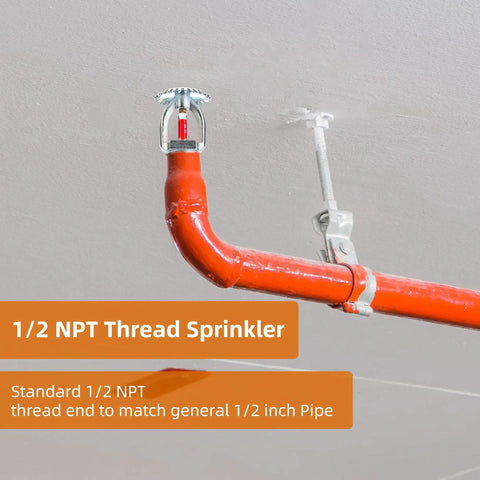 1/2 NPT Thread Sprinkler mounted on red pipe, showing standard thread for 1/2 inch installation, part of Six Pack Pro Grade Fire Sprinkler Heads One Half Inch Npt 155 Degrees Fahrenheit Upright Brass K80 Quick Response For Homes And Commercial Sites Built Tough Ready To Roll And Stay Secure.