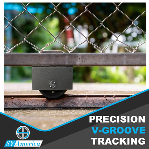 Beefy Heavy Duty Cast Iron V Groove Wheel 4 Inch By 1.5 Inch installed on sliding gate track with steel housing visible