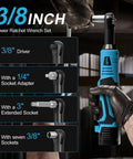 Cordless 16.8V 3/8 Inch Drive Ratchet Wrench Set with 550 RPM Variable Speed in use with attachments shown