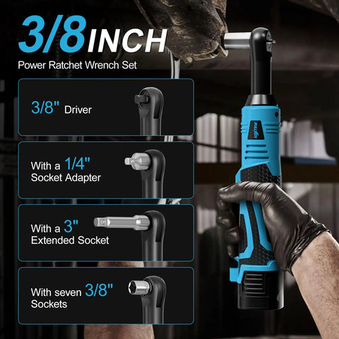 Cordless 16.8V 3/8 Inch Drive Ratchet Wrench Set with 550 RPM Variable Speed in use with attachments shown