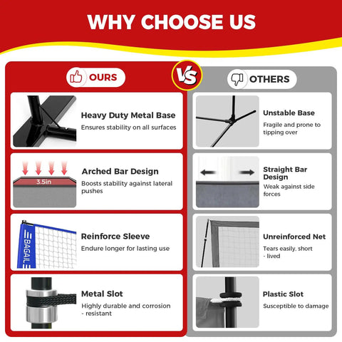 Comparison of Portable 12Ft Volleyball Net Set with heavy-duty metal base and arched bar design vs others with unstable base and straight bar design.
