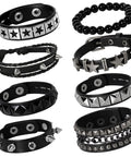 Dope Eight Piece Punk Rock Studded Leather Bracelet Set With Adjustable Spiked Zinc Cuffs For That Raw 80s Concert Vibe showcasing various designs.
