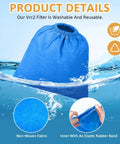 3 Pack Cloth Vacuum Filter Bags For 2.5 Gallon Wet Dry Vac Models AA256 AA255 AA255W AA155 Microlined Heavy Duty Replacement VRC2 VRC21 fits most vacuums waterproof blue fabric showing material and elastic band