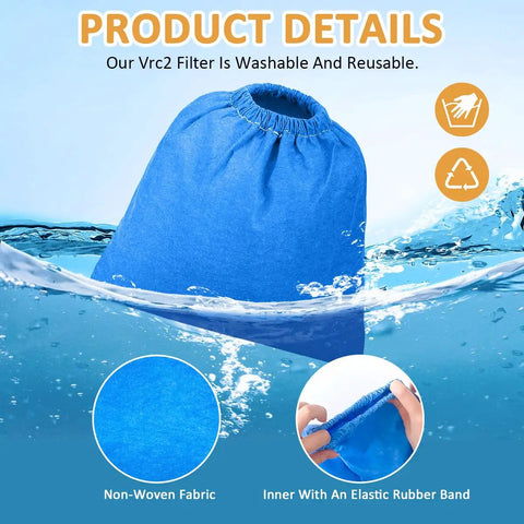 3 Pack Cloth Vacuum Filter Bags For 2.5 Gallon Wet Dry Vac Models AA256 AA255 AA255W AA155 Microlined Heavy Duty Replacement VRC2 VRC21 fits most vacuums waterproof blue fabric showing material and elastic band