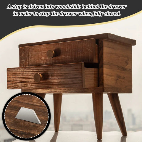 Heavy Duty Metal Drawer Stops For Dresser Track Guide Glides 24 Pack on wooden dresser, showing drawer slide stop option.
