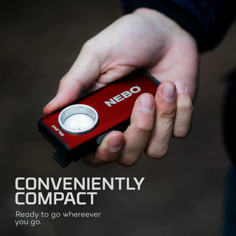 Hand holding Slim Pocket Flashlight With 500 Lumens Rechargeable Mini EDC Work Light Magnetic Base Dimmable Brightness Durable Water Resistant Includes Charging Cable Red