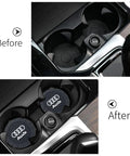 Before and after installation of No Slip Silicone Car Cup Holder Coasters For Recessed Cupholders, 2.75 Inch, 2 Pack in car interior.