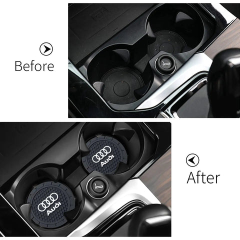Before and after installation of No Slip Silicone Car Cup Holder Coasters For Recessed Cupholders, 2.75 Inch, 2 Pack in car interior.