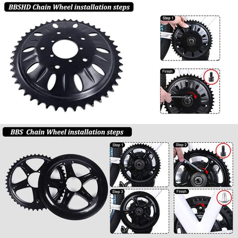52T Chainring For Mid Drive Ebikes BBS01 BBS02 BBSHD With Guard shown with installation steps.