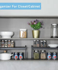 Built Tough Expandable Cabinet Shelf Organizer Set Featuring Adjustable Countertop Storage Rack To Knock Out Clutter And Keep Your Kitchen Stuff Locked In, showcasing jars and cookware.