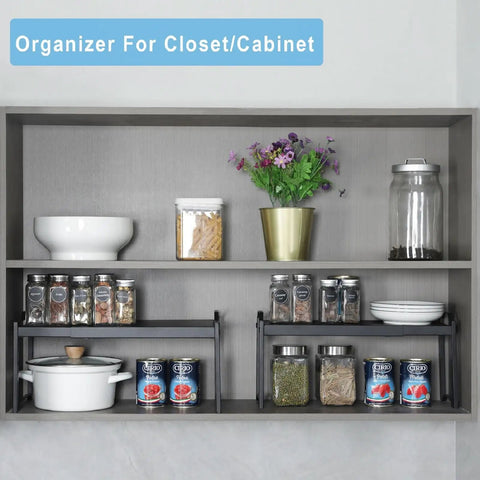 Built Tough Expandable Cabinet Shelf Organizer Set Featuring Adjustable Countertop Storage Rack To Knock Out Clutter And Keep Your Kitchen Stuff Locked In, showcasing jars and cookware.