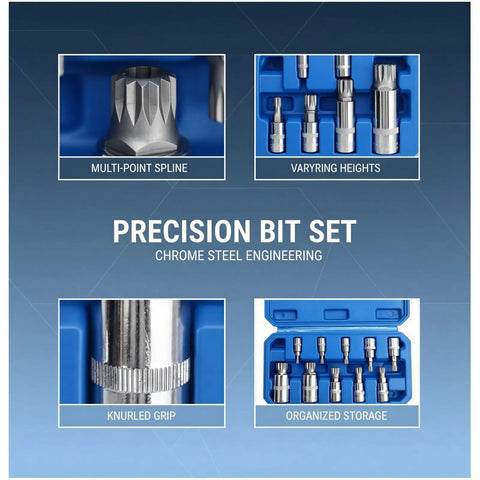 Ten Piece Spline Socket Bit Set For M4 To M18 With M-Type 12 Point Polydrive Drive Sockets, Chrome Steel, in Blue Storage Case