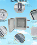 LuSumtly outdoor IP67 junction box in grey ABS plastic, front view with open lid and mounting plate
