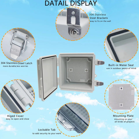 LuSumtly outdoor IP67 junction box in grey ABS plastic, front view with open lid and mounting plate